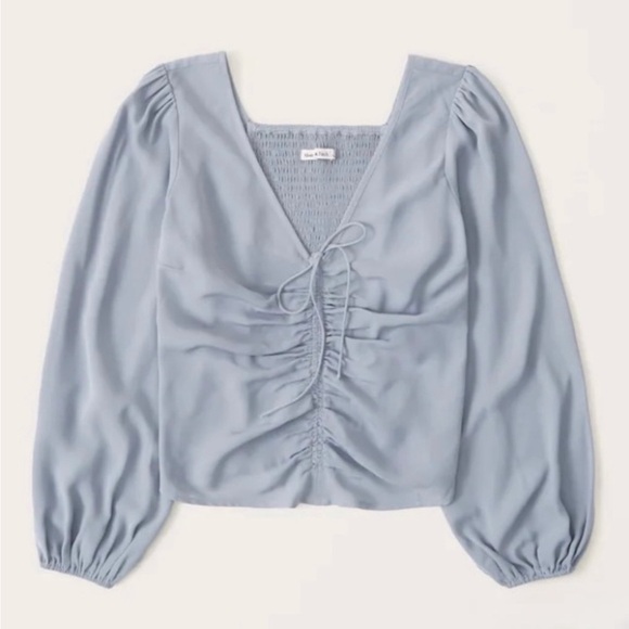 Abercrombie & Fitch Cinched Tie Front Balloon Sleeve Blouse Gray Women’s Small - Picture 1 of 5